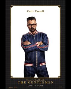 the gentlemen movie poster with colin favrel in blue striped suit and glasses, arms crossed