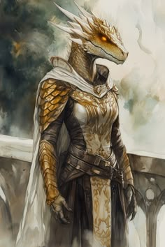 The intricate patterns on her golden scales glisten like a tapestry woven from fire and light. From beneath her hood, streaks of white crest-like spines frame her face, starkly and strikingly contrasting her golden scales. Her eyes, like liquid amber, burn with a lively intensity—equal parts compassion and an unyielding determination. The robes and armor she wears blend seamlessly together, practi... Cleric Dnd, Dnd Cleric, Dragon Born, Tapestry Woven, Fantasy Heroes, Tapestry Weaving, Intricate Patterns, Character Concept