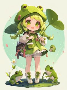 a girl with green hair standing in front of two frogs and holding a frog's head