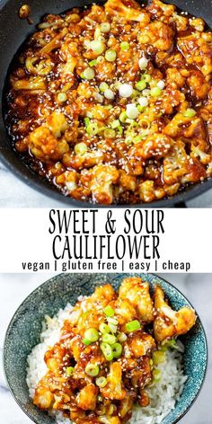 sweet and sour cauliflower with white rice in a skillet