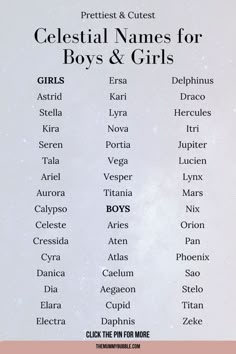 an advertisement for the celestial names for boys and girls