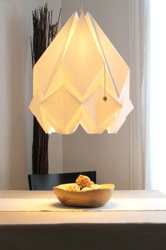 a lamp that is on top of a table next to a bowl with food in it