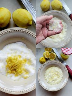 two plates with lemons and sugar on them, one being squeezed into the other