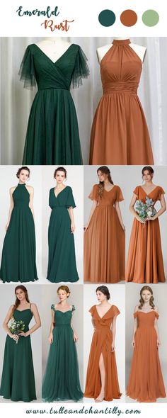 the different types of bridesmaid dresses are shown in multiple colors and sizes, including green