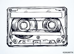 an old school cassette tape recorder with two eyes drawn by hand on a white background