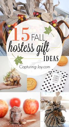 a collage of photos with the words, 15 fall hostess gift ideas and pictures