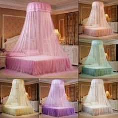 four different pictures of a bed with pink and blue covers