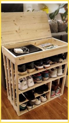 a wooden shoe rack with many pairs of shoes in it