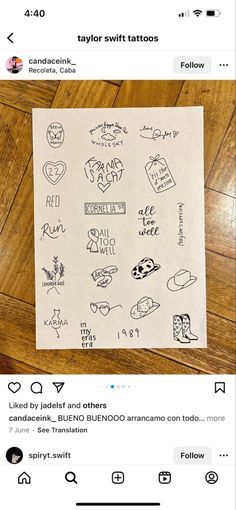 a sheet of paper that has some stickers on it, and the words taylor swift tattoos