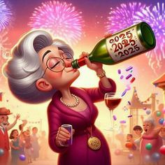 an older woman drinking champagne with fireworks in the background