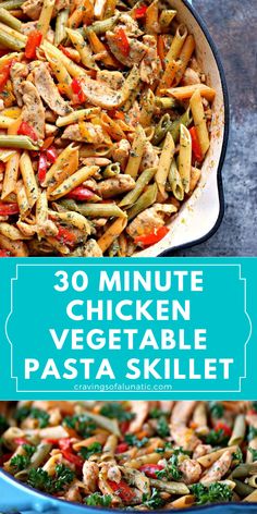 chicken and vegetable pasta skillet with the title overlay