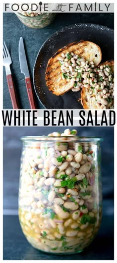 white bean salad in a glass jar with the title above it