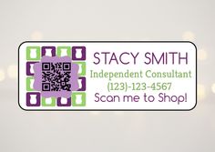 a white and purple business card with qr code on it