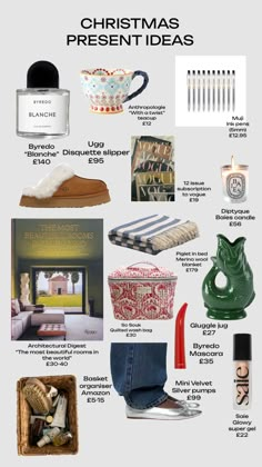 the christmas present ideas list is shown in this graphic style, including gifts and other items