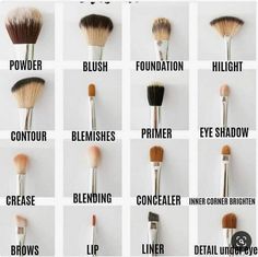 Types Of Makeup Brushes, Makeup Brush Uses, Membentuk Alis, Bentuk Alis, Make Up Foundation, Mekap Mata, Brush Guide, Makeup Order, Makeup Brushes Guide