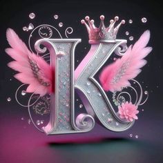 the letter k is decorated with pink and silver feathers, as well as a crown