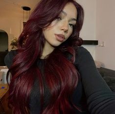 Latina Dark Red Hair, Celebs With Red Hair, Dark Cherry Wine Hair Color, Red Hair Black Lowlights, Dark Red Hair On Brown Skin, Scarlet Red Hair, Red Hair On Brown Skin, Red Velvet Hair Color, Deep Burgundy Hair