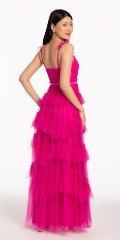 Tulle Ballgown, Hot Pink Dress, Hot Pink Dresses, Fitted Bodice, Top Tier, Gold Accents, Sweetheart Neckline, Pretty In Pink, Pink Dress