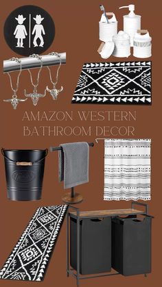 an assortment of bathroom decor items on display with the words amazon western bathroom decor above them