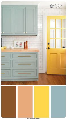 a kitchen with yellow doors and blue cabinets