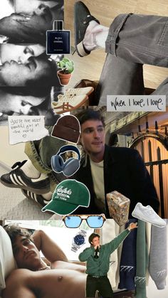 a collage of photos with men's clothing, shoes, and other items