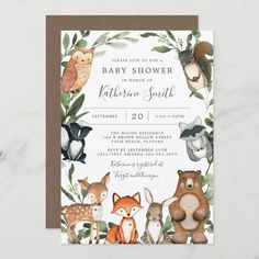 a baby shower with woodland animals and leaves