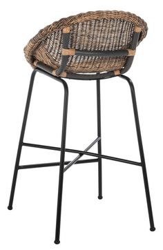 a wicker chair with black legs and an iron frame, on a white background