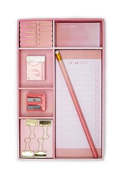 a pink box with lots of items in it and a notepad on the side