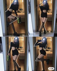 four different pictures of a woman in short shorts and boots with lights on her legs