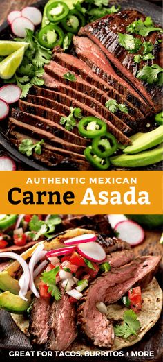 an advertisement for mexican cuisine featuring steaks and vegetables