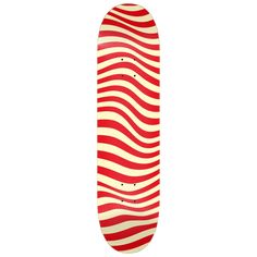 a red and white striped skateboard on a white background with the bottom half showing