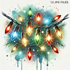 christmas lights are hanging on a tree branch with watercolor paint splatters around them