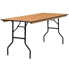 a wooden table with black legs on a white background and no one is in the photo