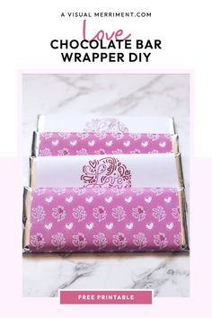 the chocolate bar wrapper diy for valentine's day is shown in pink and white