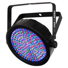 a black light that is on top of a white background and has colorful lights in it