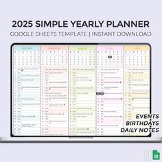 a calendar on a laptop screen with the text, 2020 simple year planner google sheets template instant