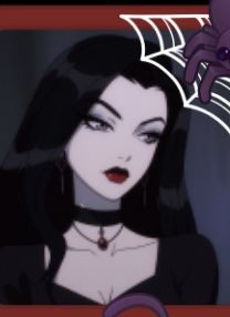 an animated image of a woman with black hair and spider webs on her head