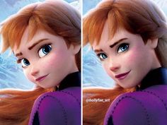 two pictures of frozen princesses, one with long hair and the other with blue eyes