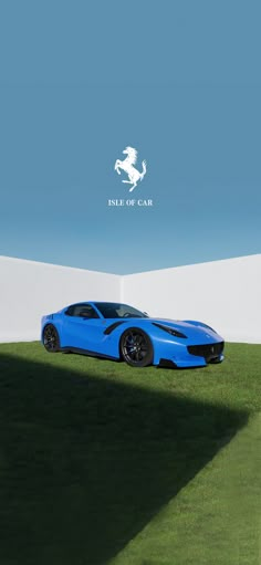 a blue sports car parked on top of a lush green field next to a white wall