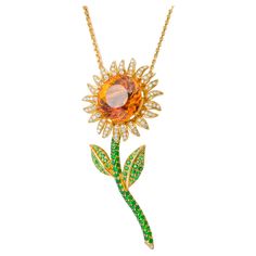 "Costis" Sunflower Necklace, a Central 17.74 carats Citrine Madeira, Tsavorites and Diamonds Haute Joaillerie at its best! The stem is paved with tsavorites, while the petals have such a wonderful movement. Paved at the front and back. The flower was modeled first in wax in such a way, that the piece seems like moving, it has an internal flow... it seems alive. 18K Yellow Gold, completely Handmade with 17.74 carats central Madeira Citrine, 1.00 carats of excellent Diamonds. Paved with 4.92 carat Sunflower Necklace, Yellow Gold Chain, Everyday Items, Drop Necklace, Citrine, Sunflower, Wax, Sparkle, Yellow Gold