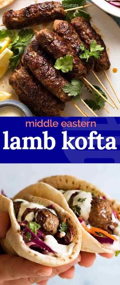 lamb kofta on skewers with lemon wedges and garnishes