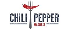 the logo for chilli pepper madness with a fork and chili peppers on it