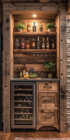 a kitchen with wooden walls and shelves filled with bottles