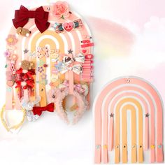 an assortment of hair accessories is displayed on a white background with pink and yellow accents