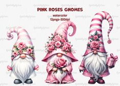 three gnomes with pink roses and flowers on their heads, one is holding a candy cane