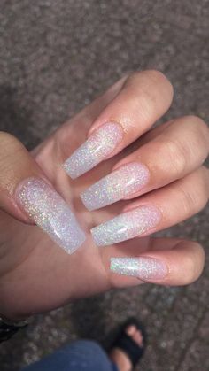 Clear Iridescent Acrylic Nails, Clear Chunky Glitter Nails, Basic Nails With Glitter, Clear Nails With Sparkles, Translucent Glitter Nails, Clear Nails Glitter, Transparent Glitter Nails, Clear Glitter Acrylic Nails, Full Glitter Nails