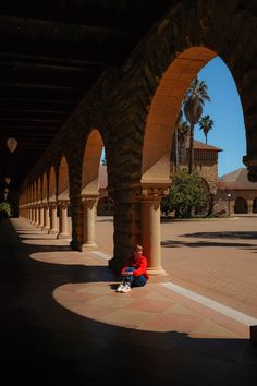 a person sitting on the ground with a dog in front of some arches and palm trees