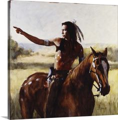 a painting of a native american man on a horse pointing at something in the distance