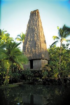 an old thatched house with palm trees around it and water in the foreground