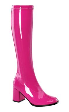 GOGO-300 Hot Pink Stretch Patent Gogo Boots-Funtasma-Tragic Beautiful Pink Gogo Boots, Thick Heel Boots, Hot Pink Fashion, Long Leather Boots, Swinging Sixties, Gogo Boots, Pink Boots, Walk This Way, Pink Parties